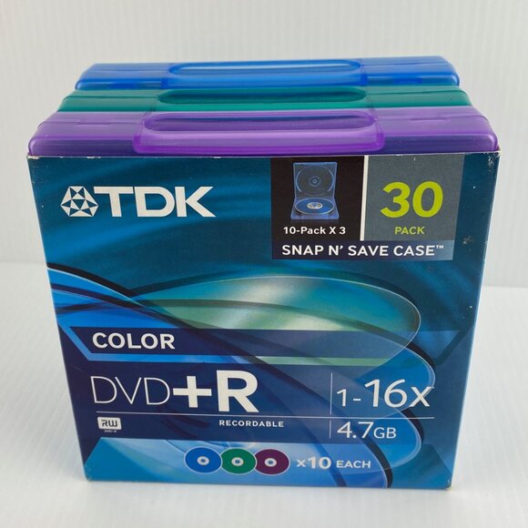TDK DVD-R 30 Pack Color Blanks in 3 Plastic Cases 10 disc ea  Blue Purple Green - Picture 1 of 7